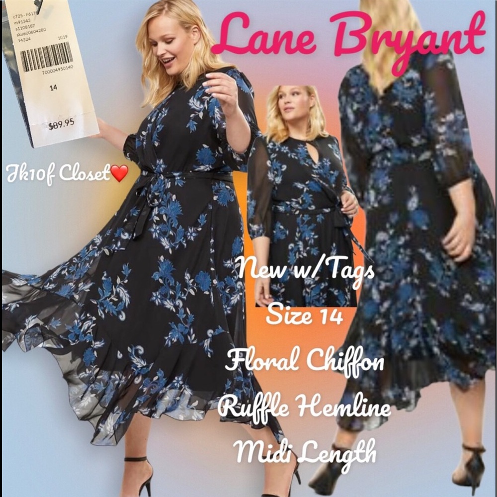 LOWEST🌺 NWT LANE BRYANT Sz14 FLORALS ON BLACK CHIFFON DRESS